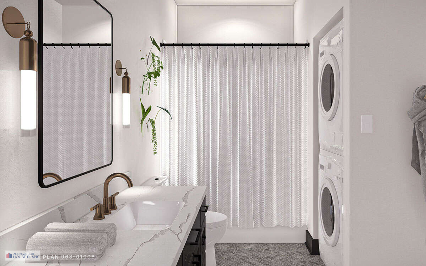 Contemporary bathroom with a quartz vanity, stacked washer and dryer and white shower curtain