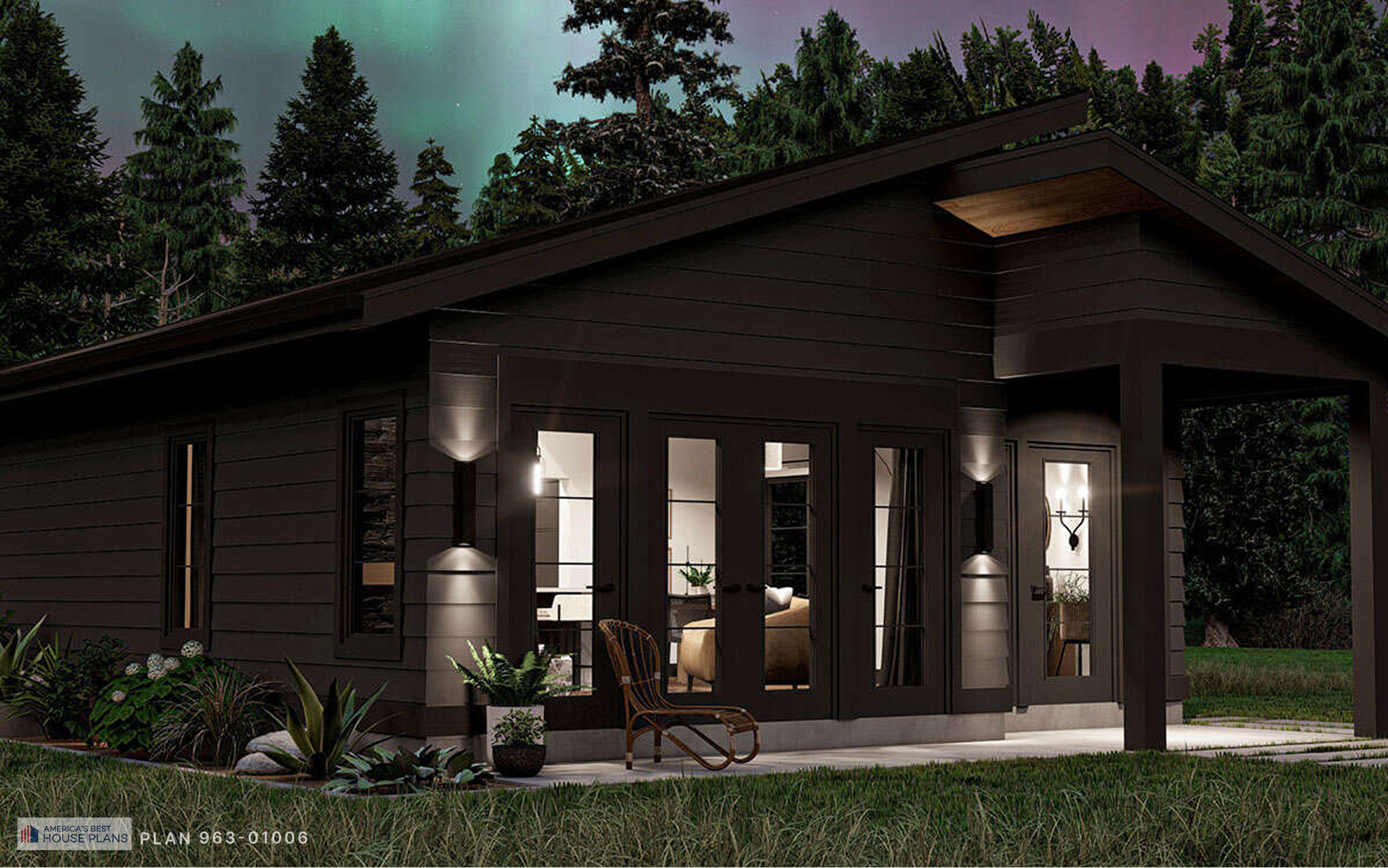 Contemporary house exterior with dark siding, sloped roofline and covered front porch