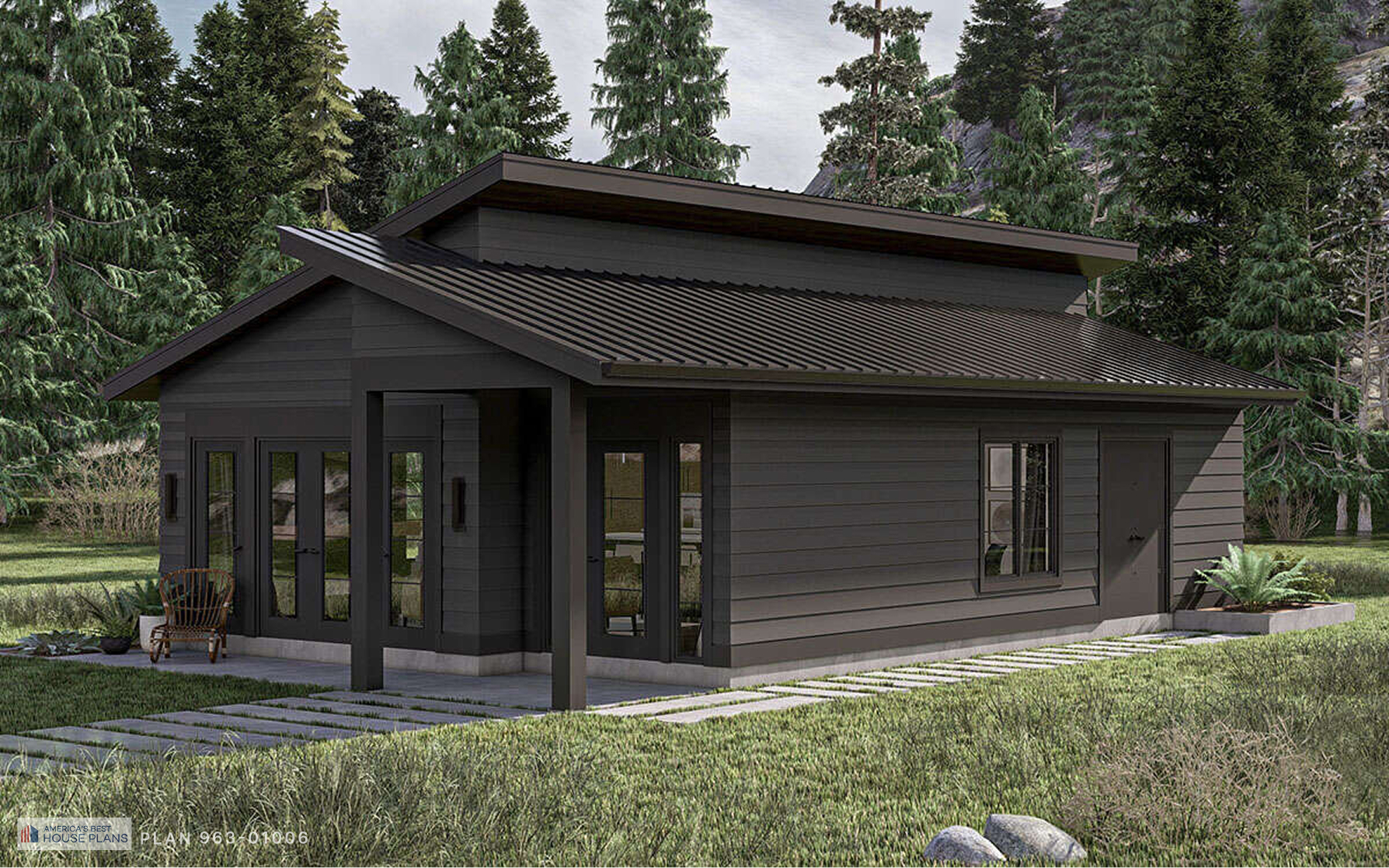 Modern contemporary house featuring dark exterior cladding, covered porch, metal roof, and floor-to-ceiling glass doors
