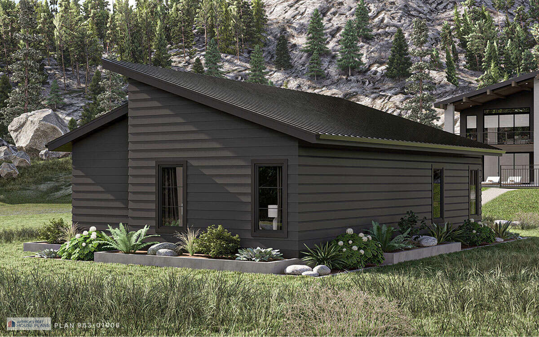 Contemporary home rear exterior with dark siding, sloped metal roof, landscaped garden beds, and minimalist modern architecture 
