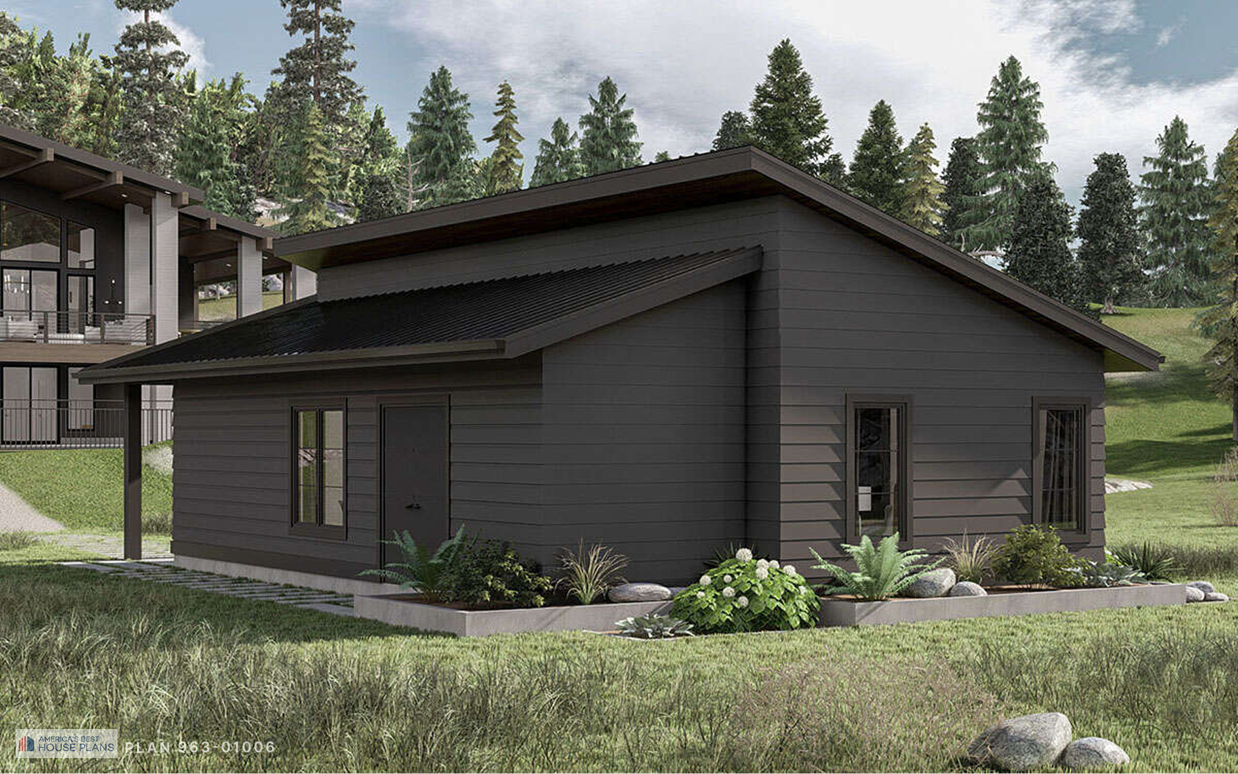 Contemporary house with dark horizontal siding, asymmetrical sloped roof, covered front porch, and modern glass entry doors