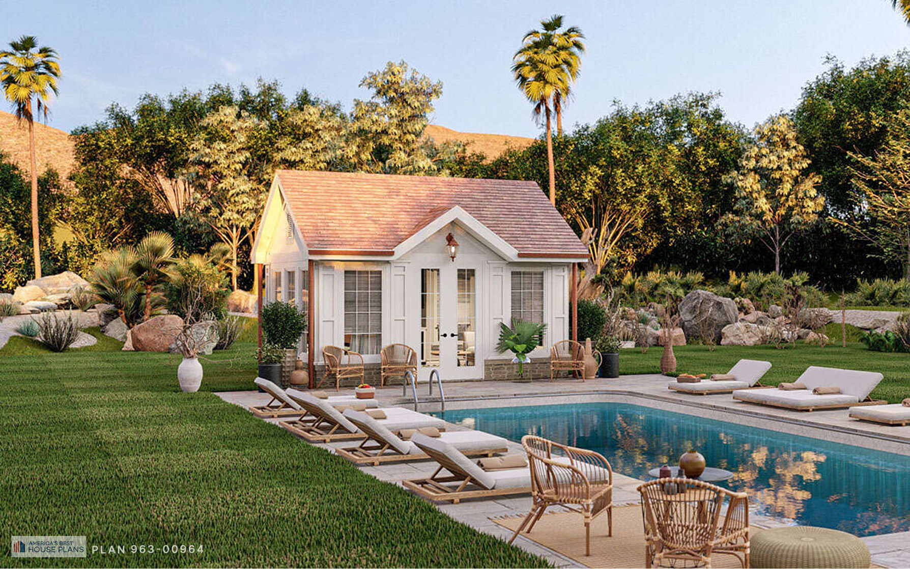Cottage-style backyard office with white siding