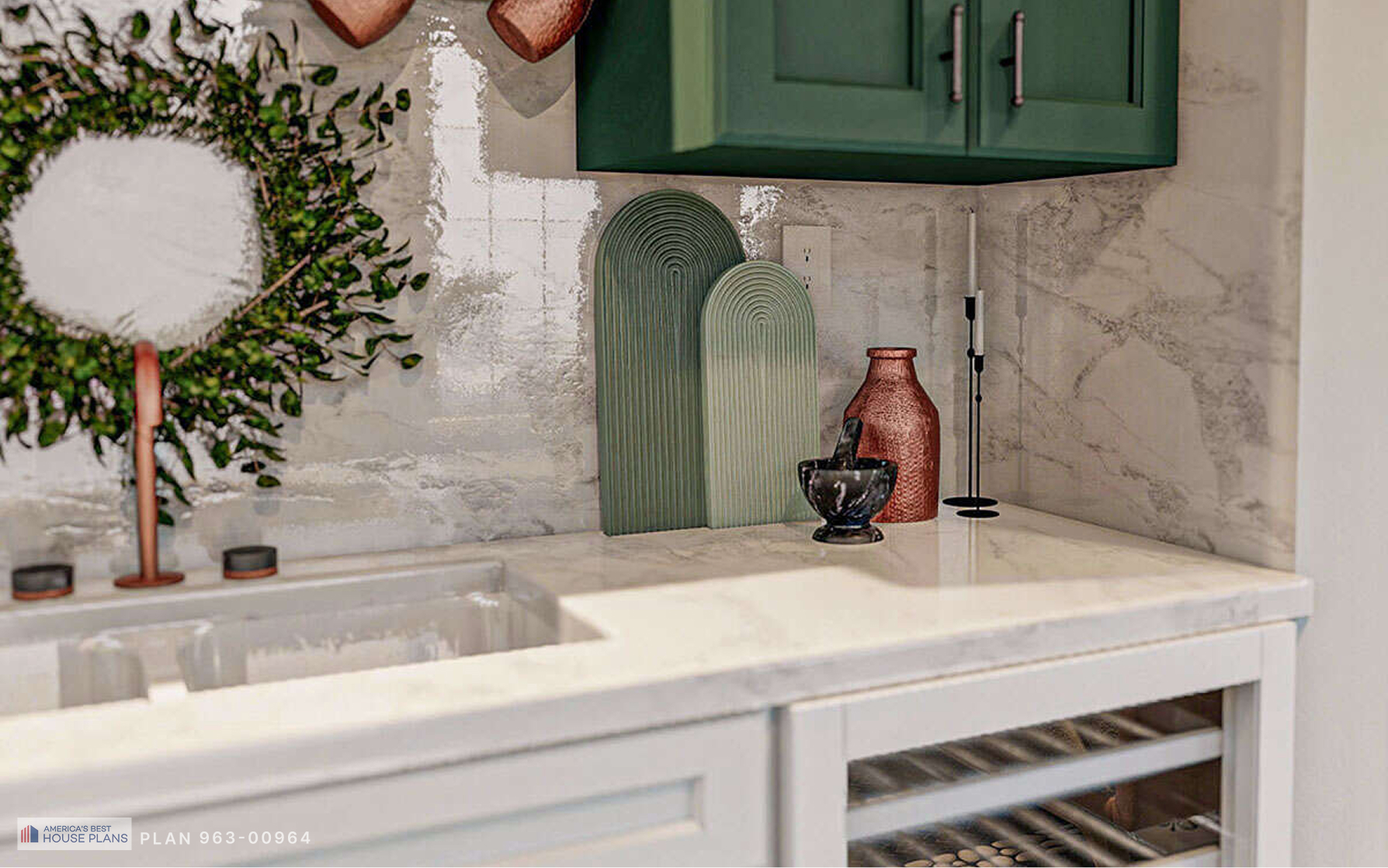 Close-up of a cottage kitchenette featuring marble countertop