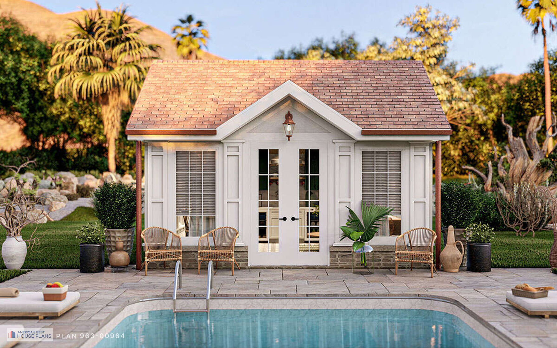 Cottage-style backyard guest house with white siding