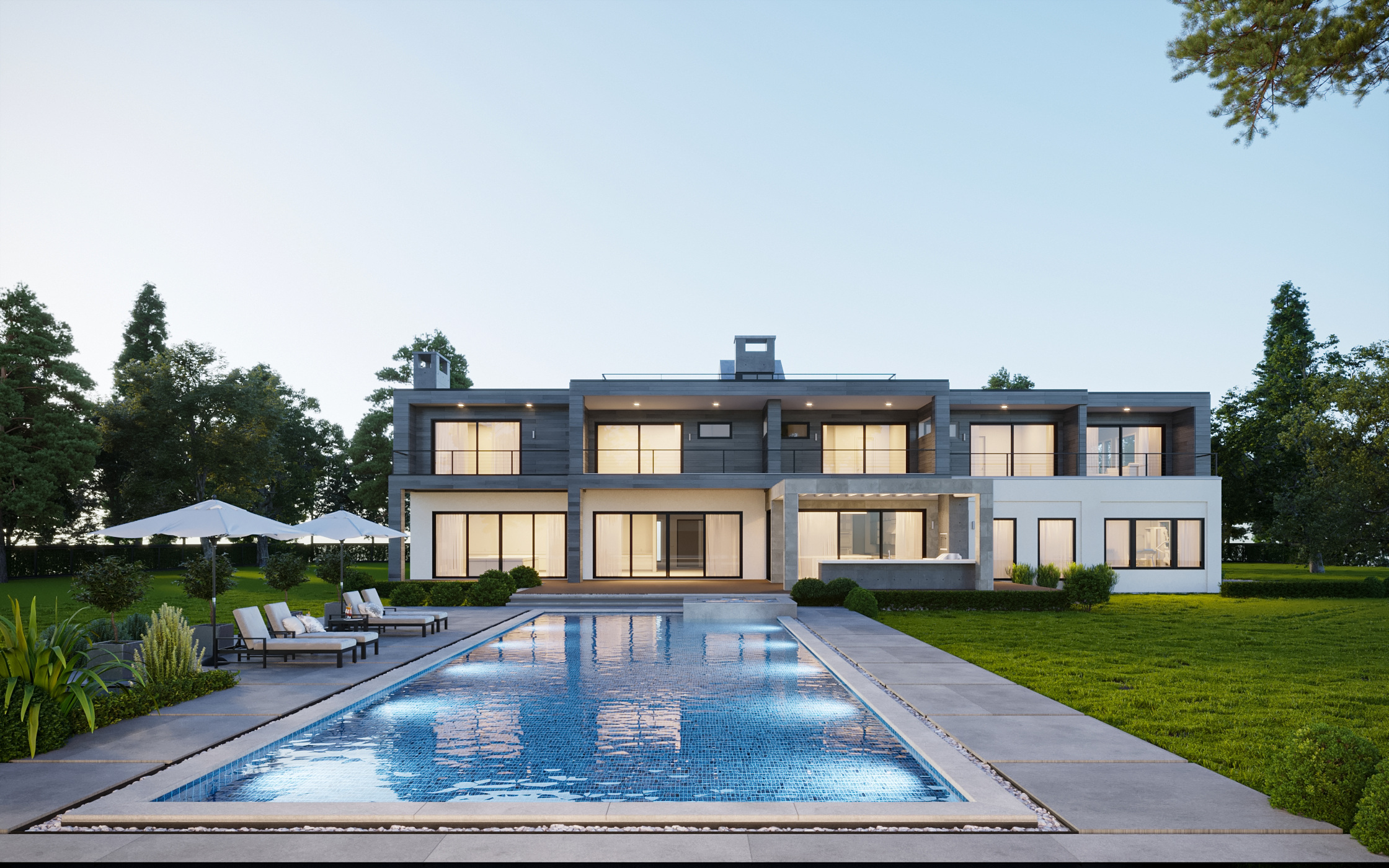 luxury modern estate with a resort-style pool, spacious outdoor living area