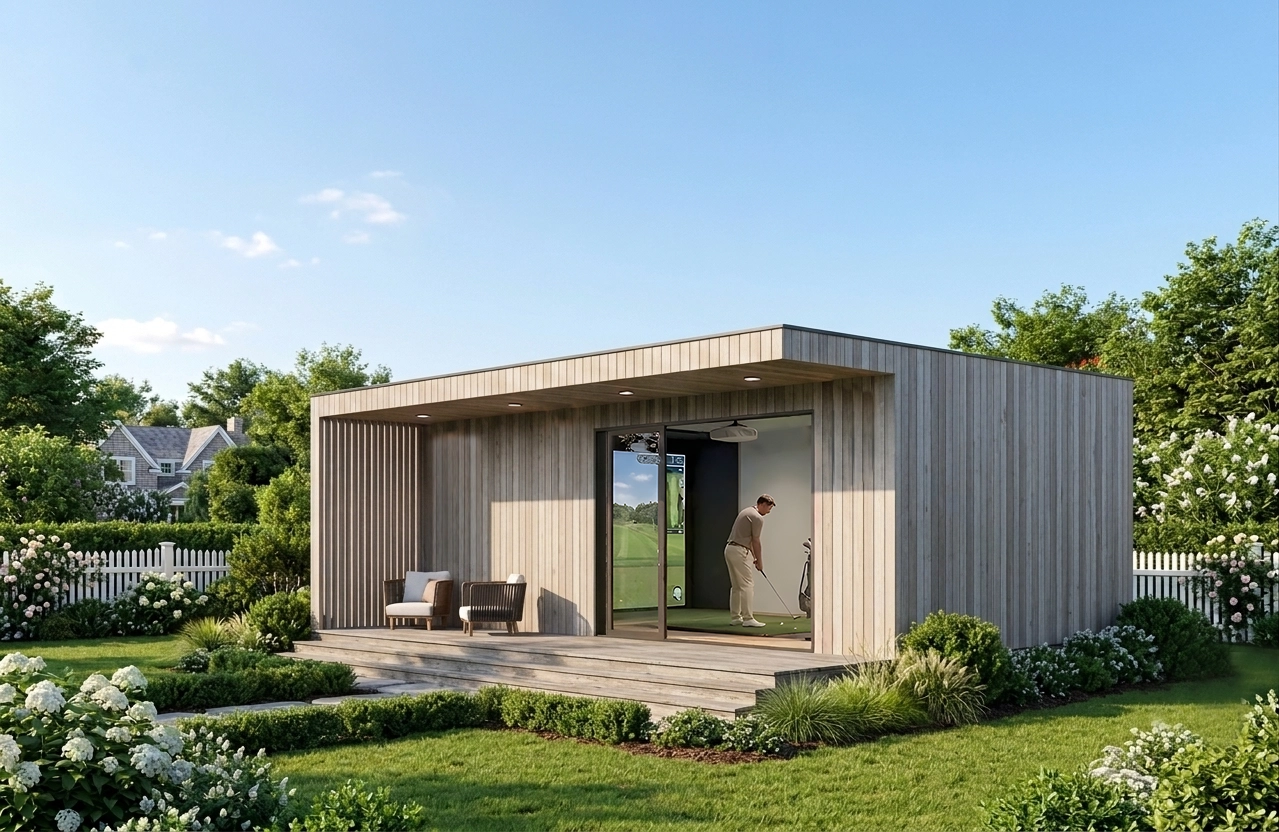 Modern backyard golf simulator studio with outdoor seating