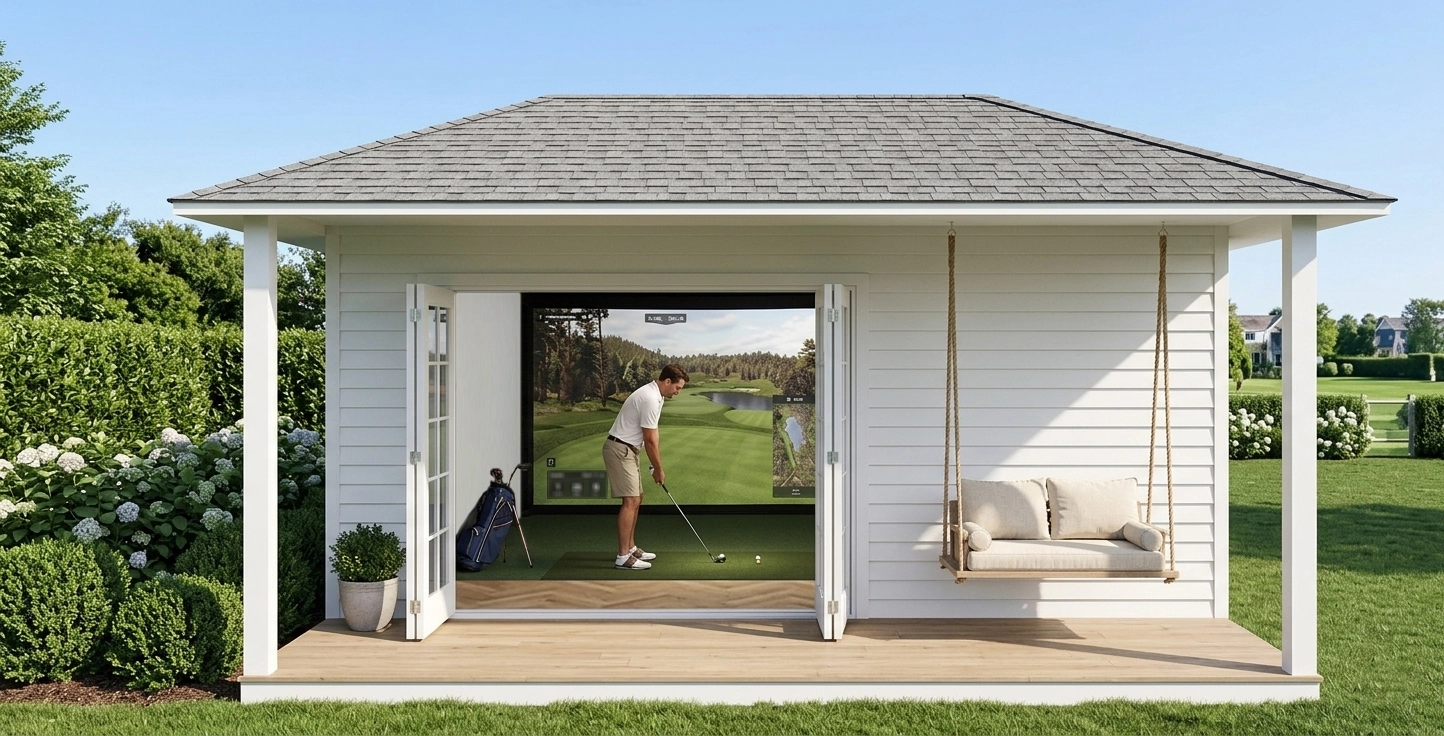 Backyard golf simulator room with covered porch.