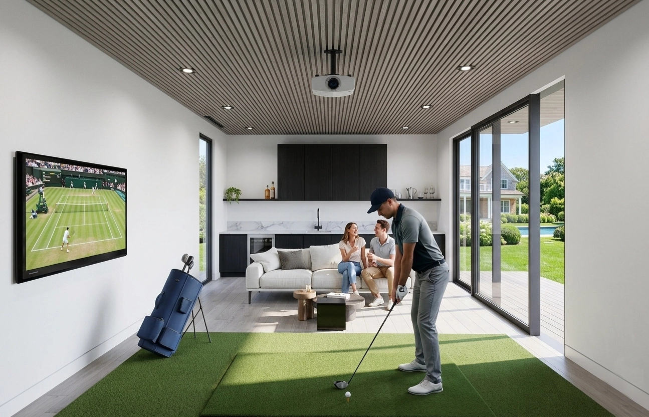 Indoor golf simulator room with lounge seating and TV