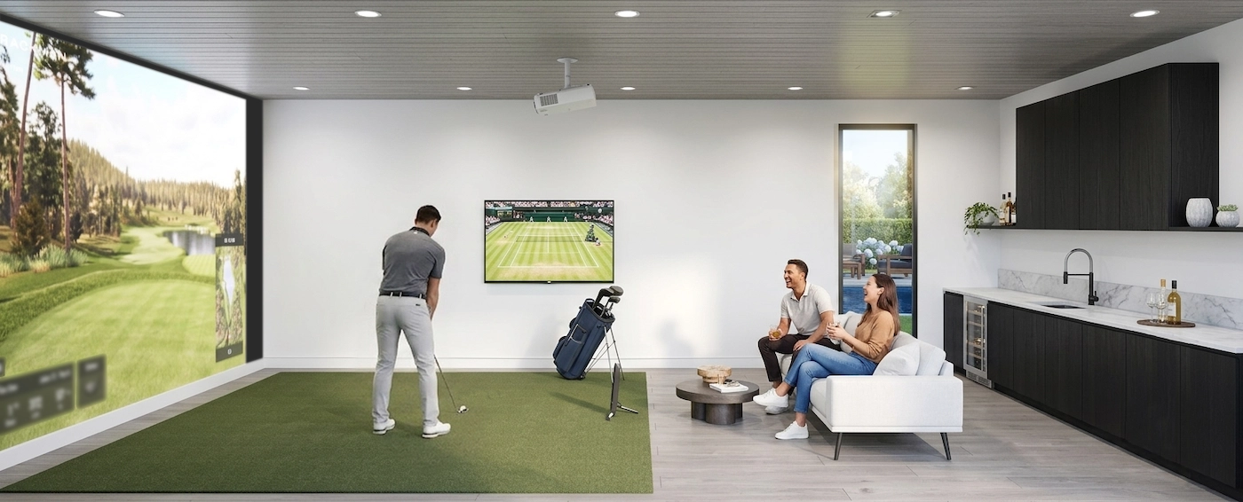 Indoor golf simulator with lounge and kitchenette