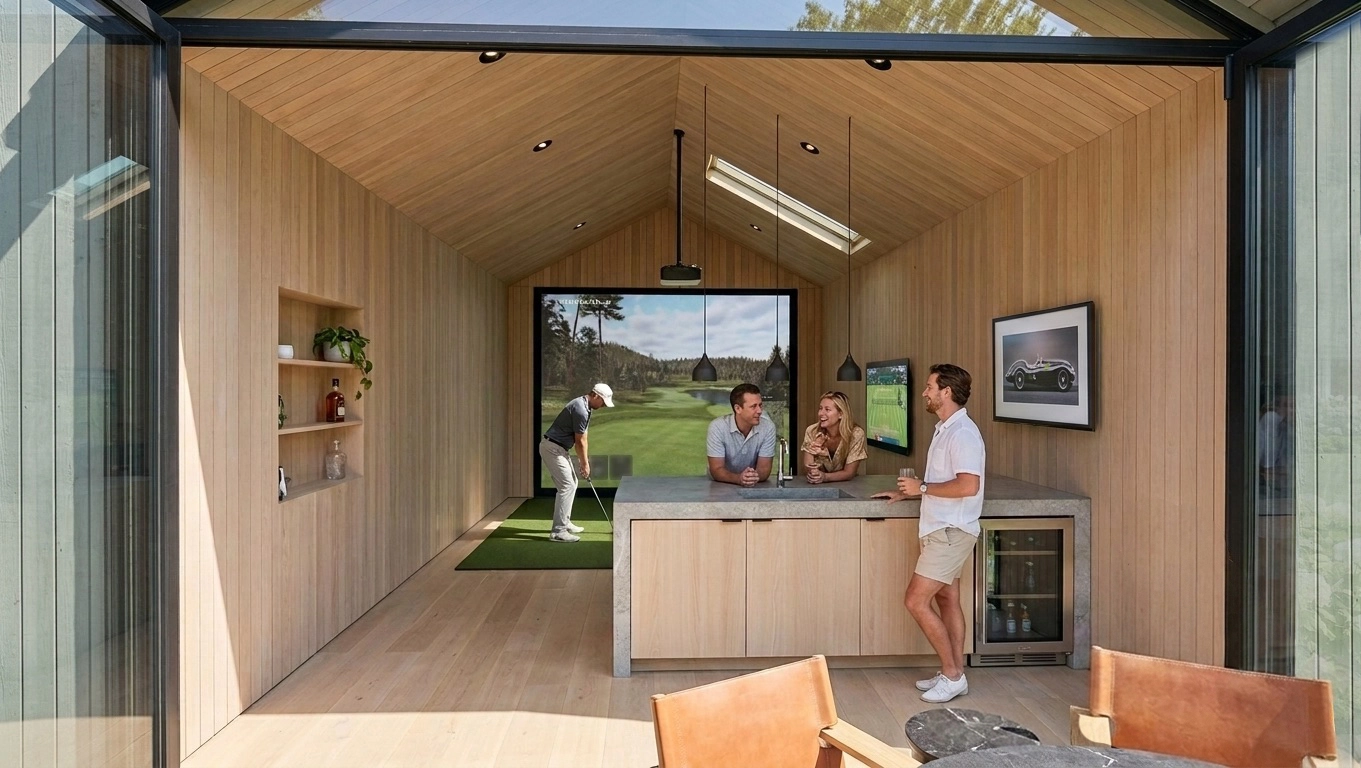 Golf simulator interior with bar and entertainment area 