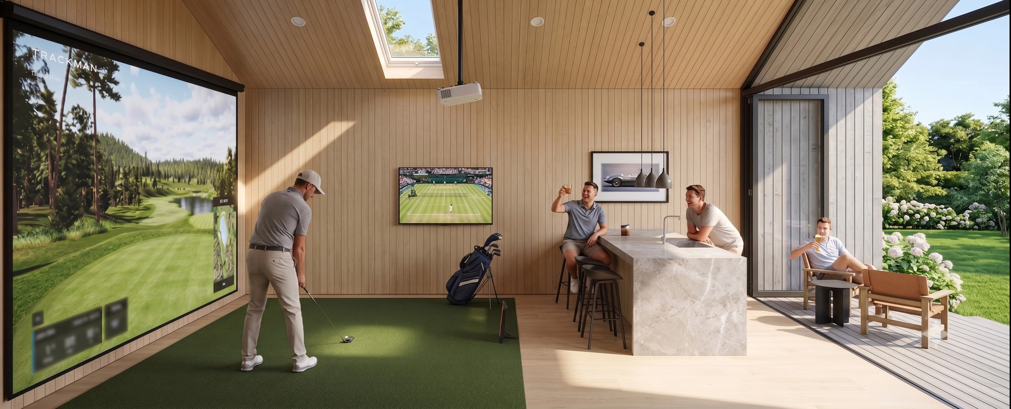 Custom golf simulator room with bar and lounge area