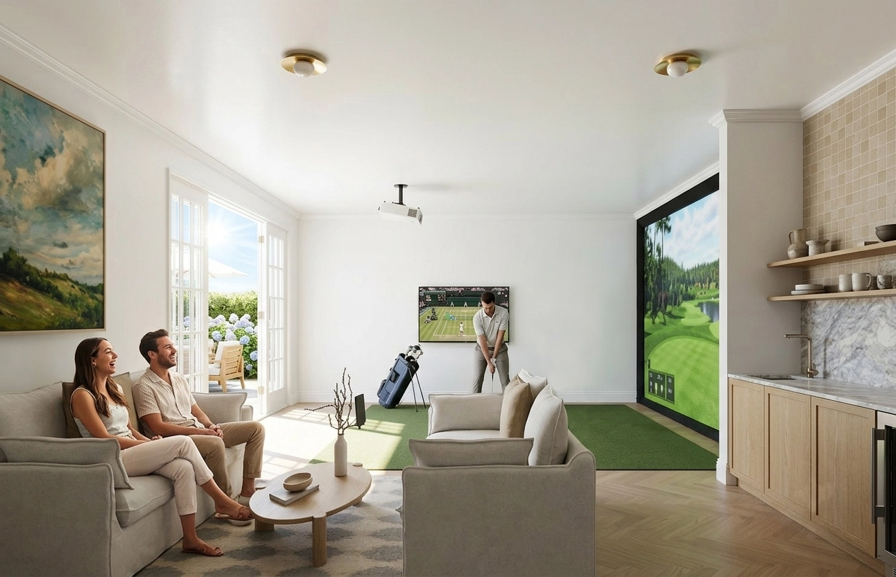 Indoor golf simulator with practice green and lounge area