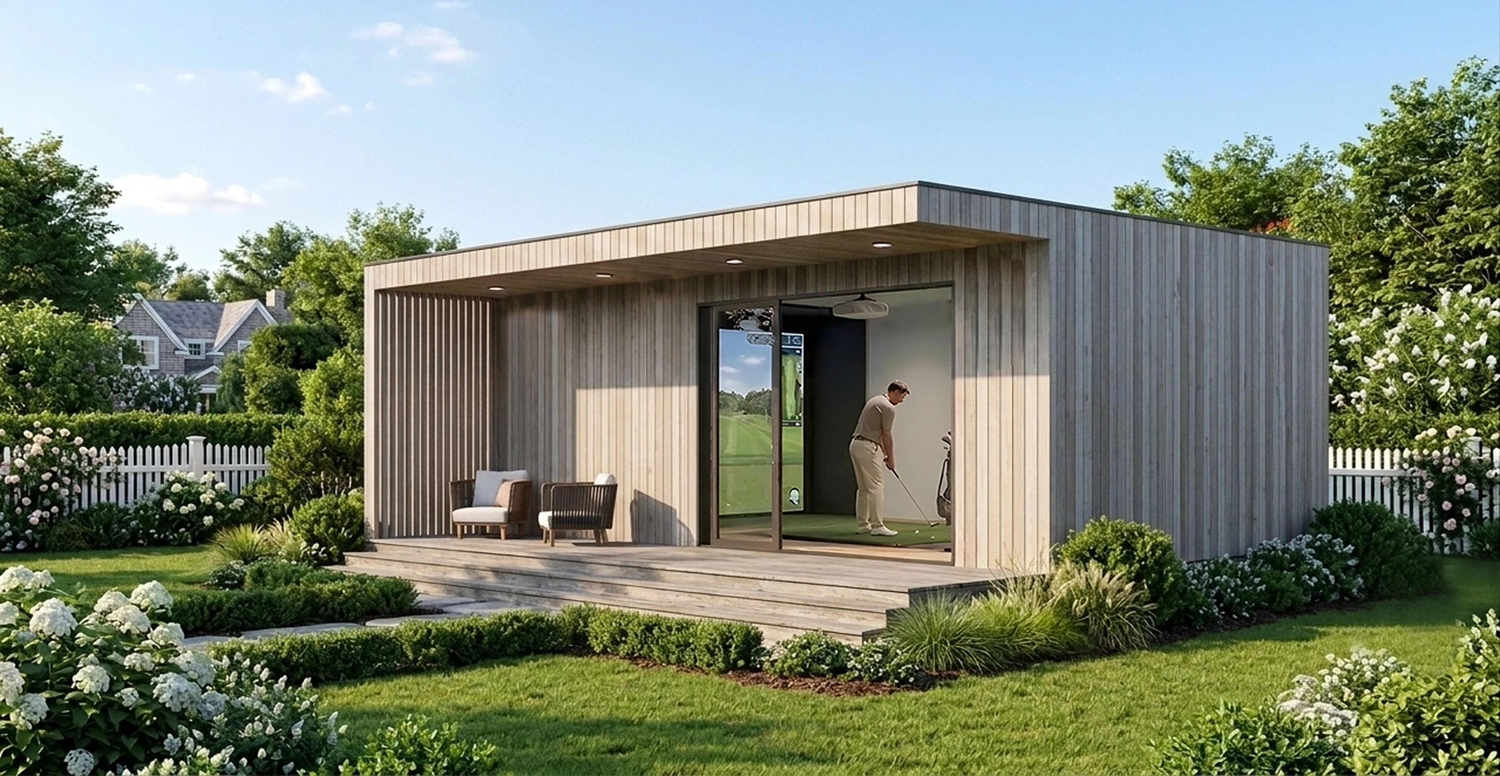 Modern backyard golf simulator studio with outdoor seating 