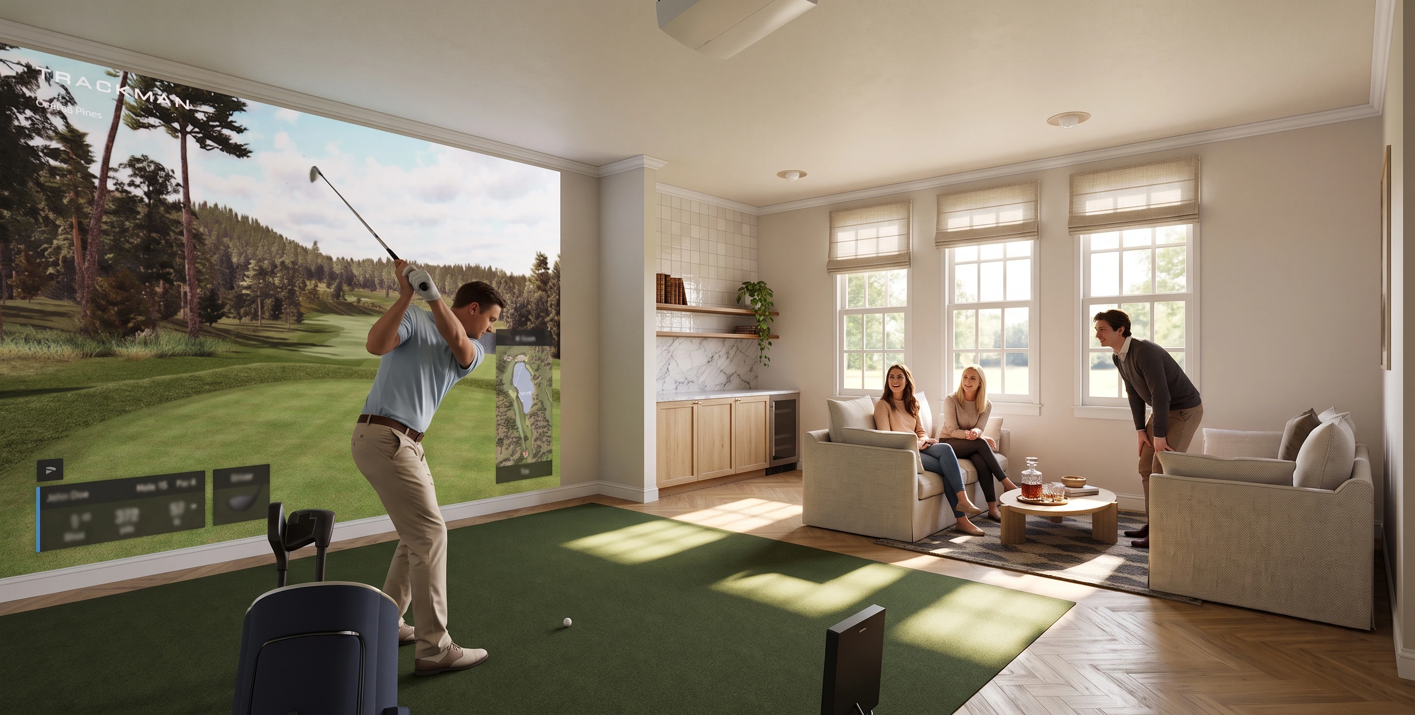 Golf simulator room with lounge seating and kitchenette
