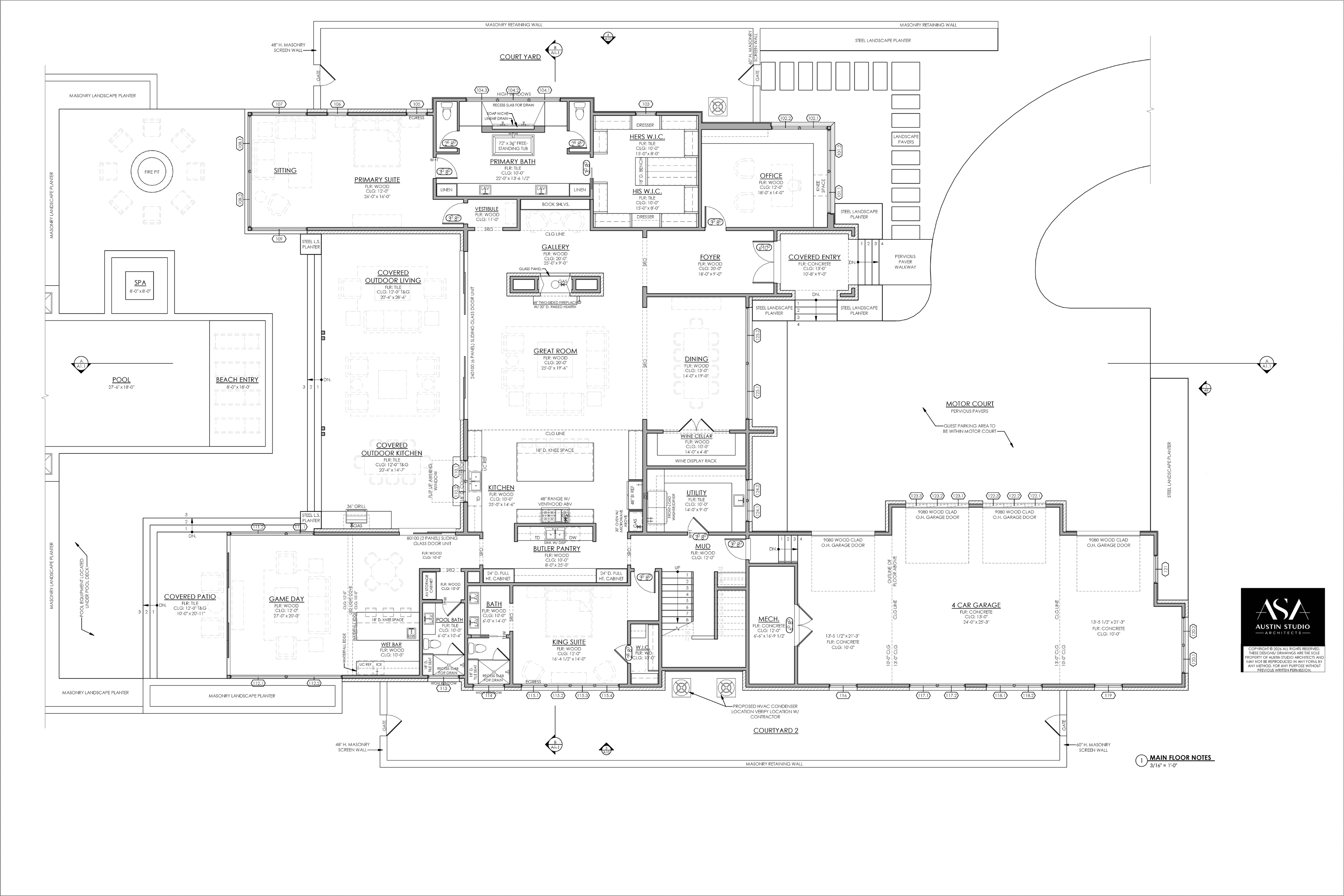 TC 140 main house floor plan with pool and four-car garage
