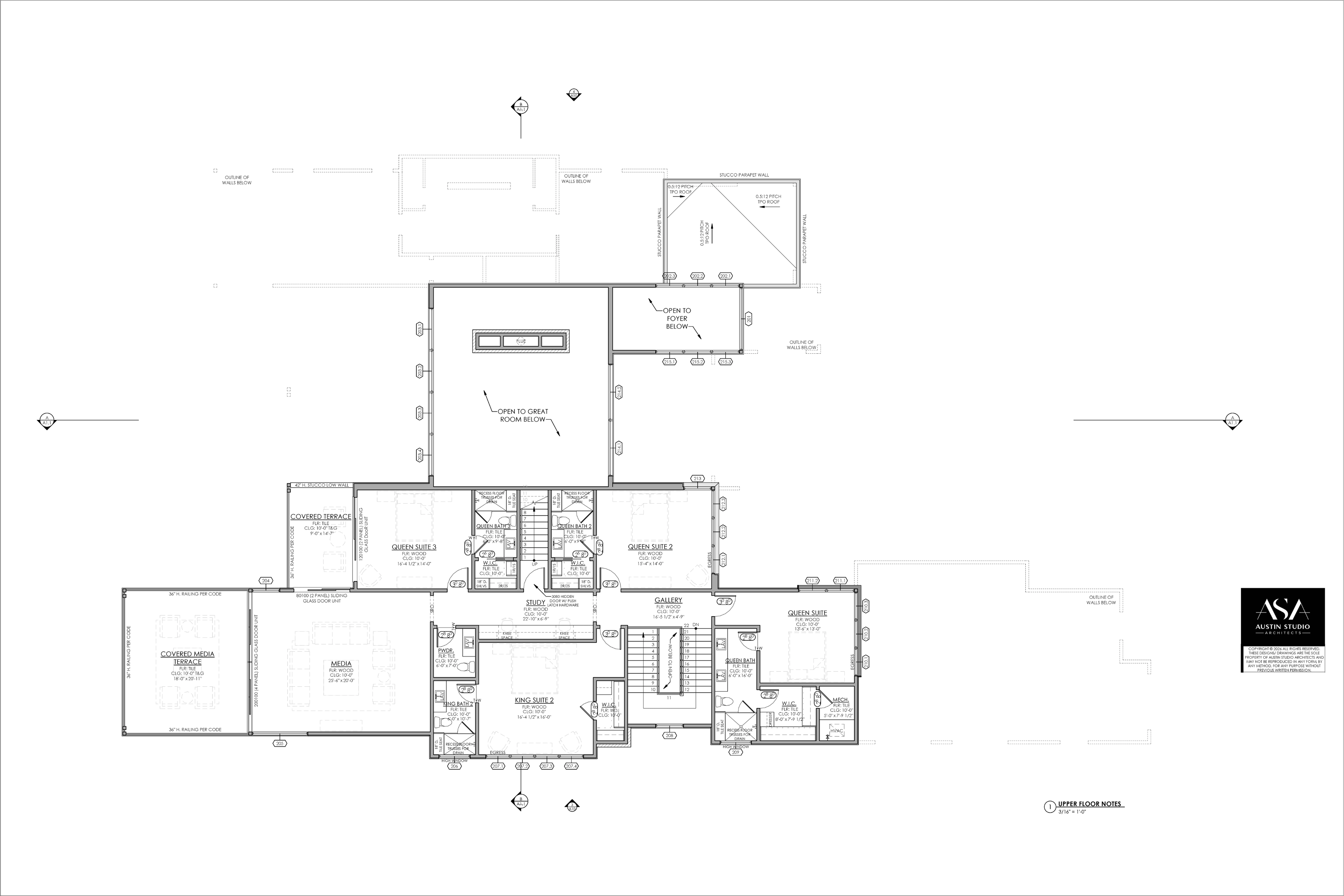 TC 140 upper floor plan with bedroom suites and media room 