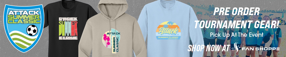 Attack Summer Classic soccer tournament merchandise display of hoodies and shirts
