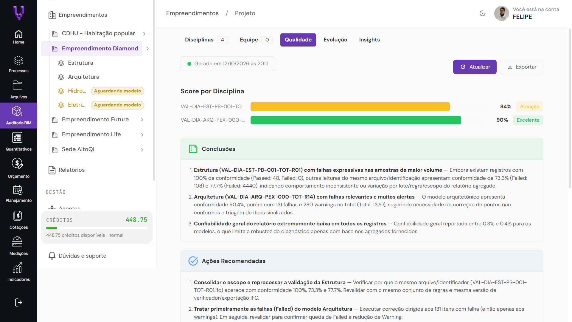 Análise da qualidade gerada com IA, com score por disciplina, conclusões e ações recomendadas