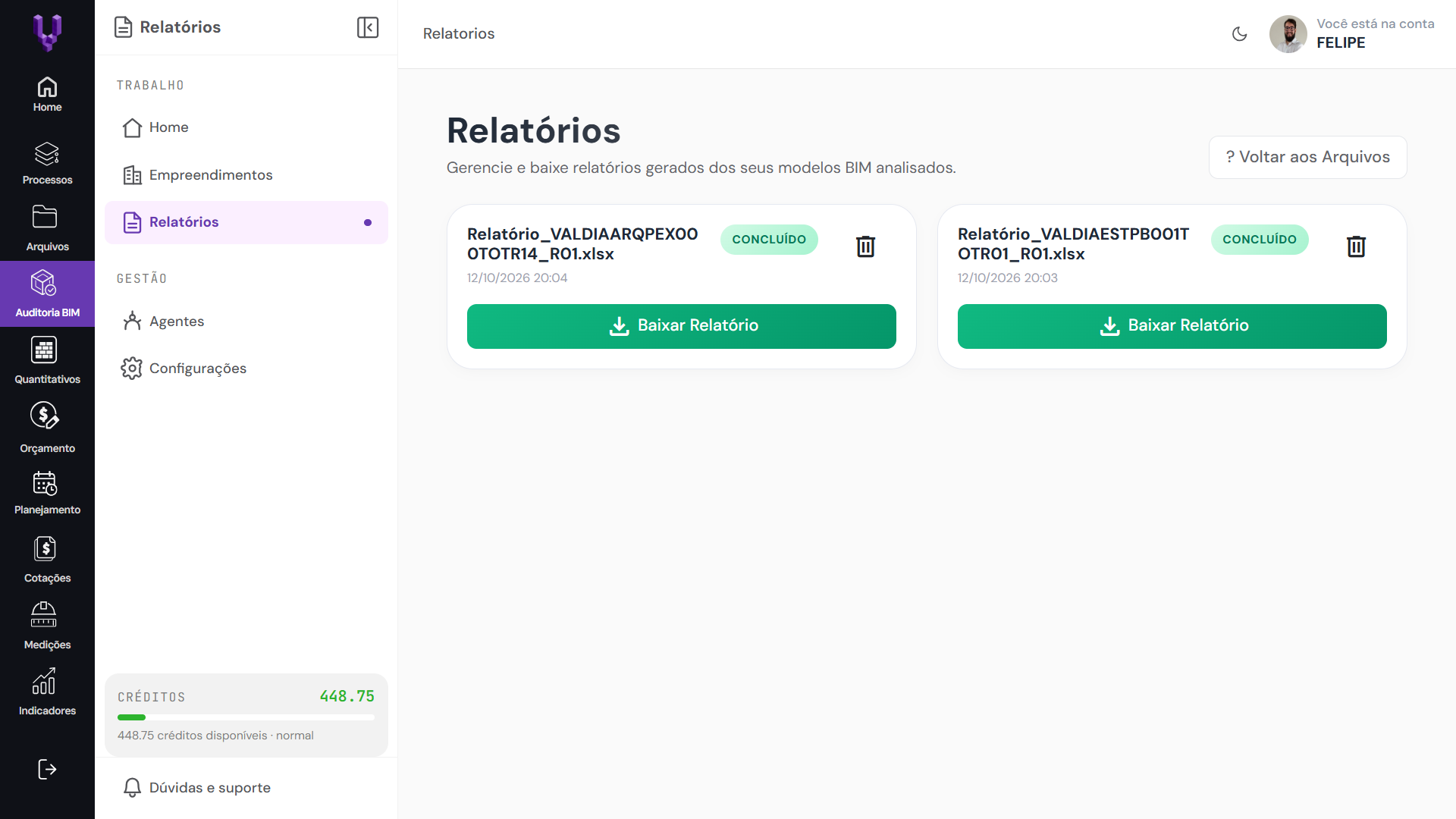 Relatórios dos dados analisados no formato Excel