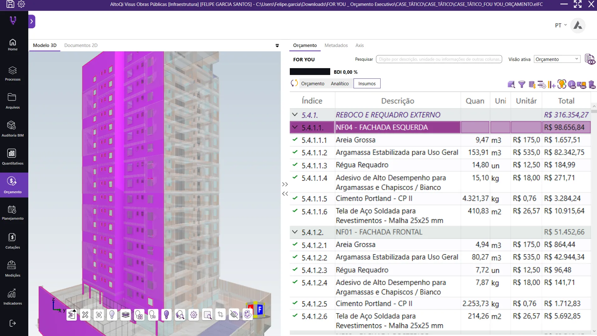 Orçamento confiável com insumos rastreáveis nos projetos