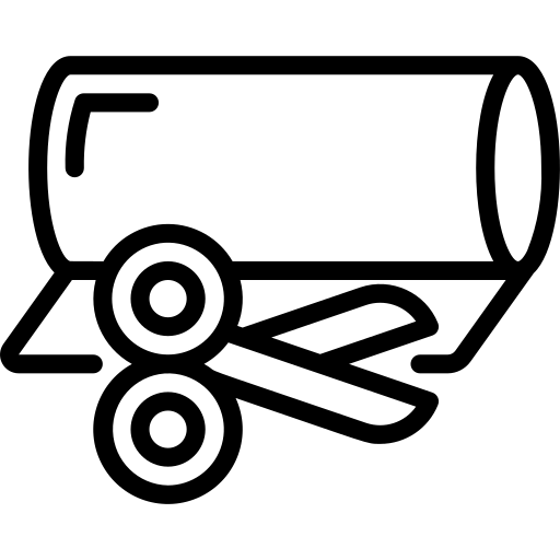 An icon of a fabric roll and scissors