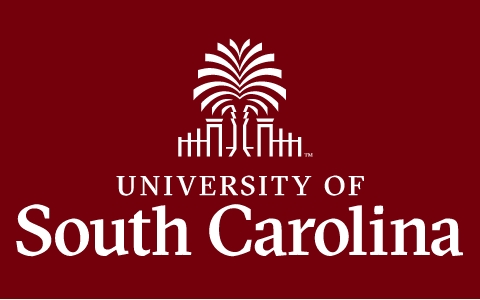 University of South Carolina logo with stylized palm tree and fencing above the university name on a dark red background.
