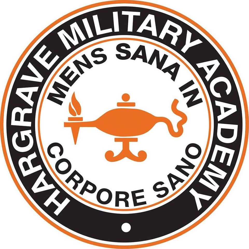 Hargrave Military Academy circular emblem featuring an orange lamp with a flame and the motto 'Mens Sana In Corpore Sano' in black and orange colors.