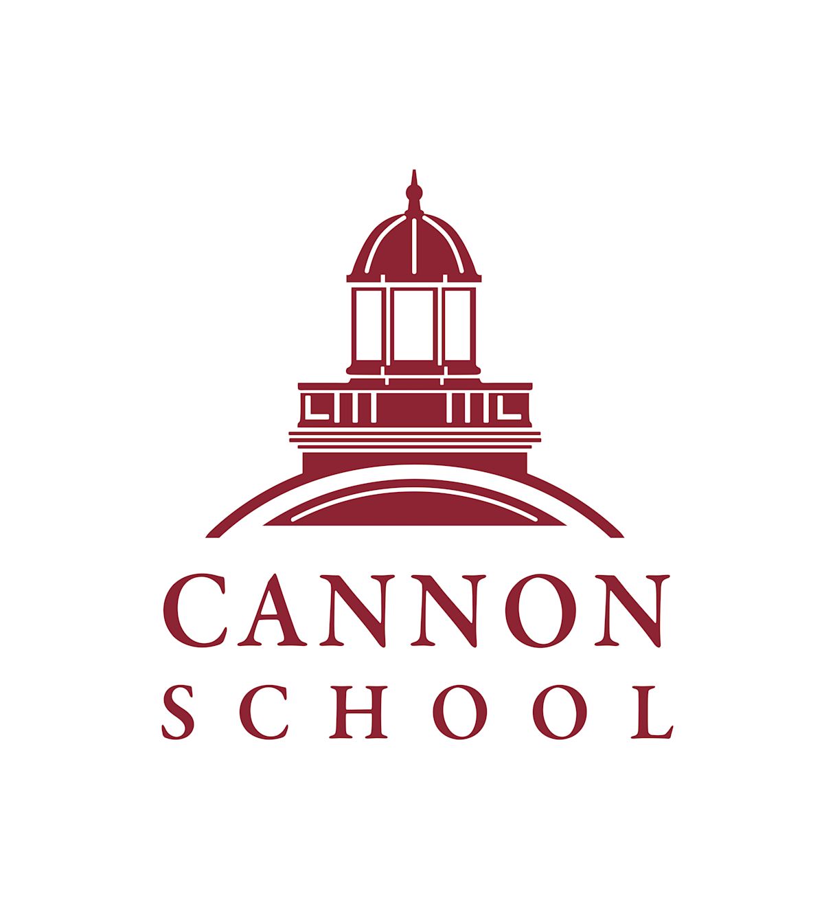 Maroon outline of a domed building with the words 'CANNON SCHOOL' below it.