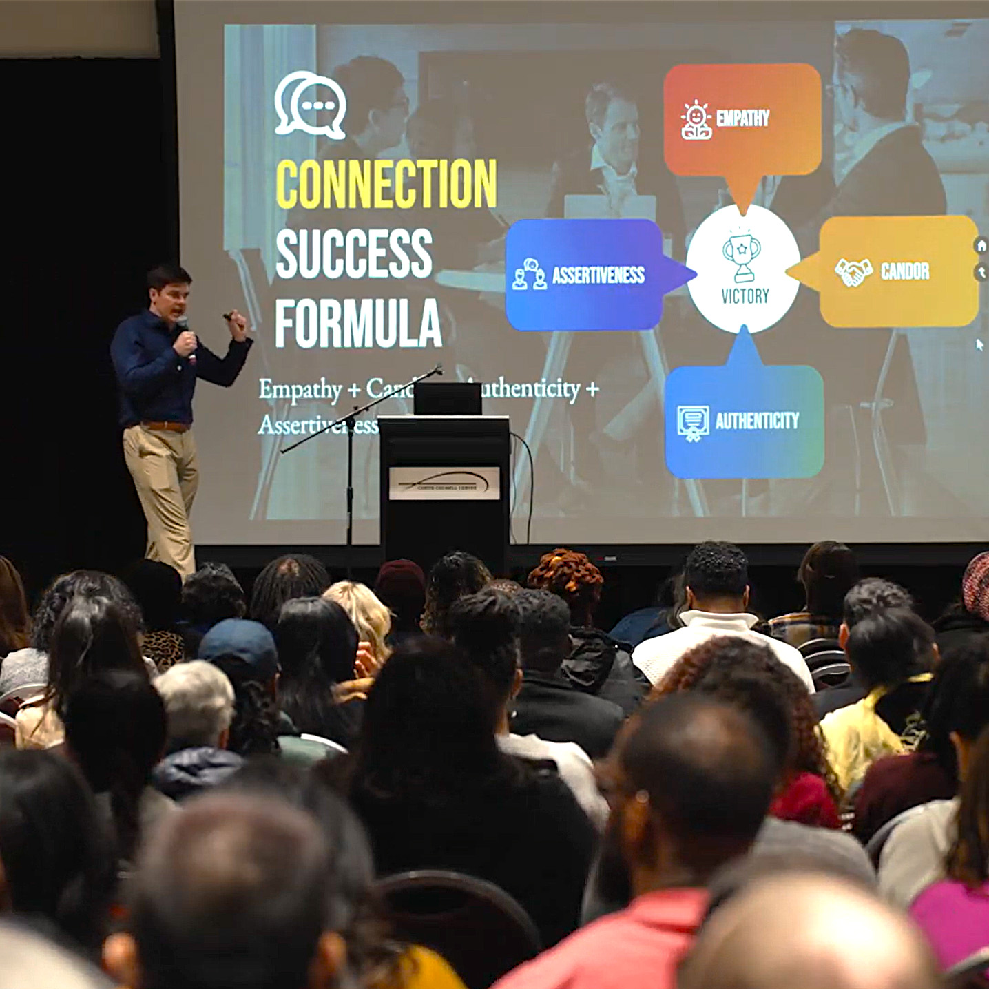 Chris D. Connors presenting a Connection Success Formula slide to a seated audience, featuring empathy, candor, authenticity, and assertiveness leading to victory.