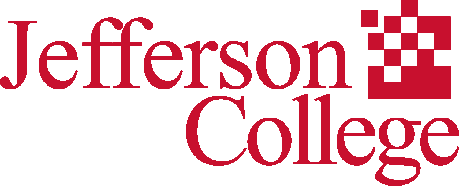 Jefferson College logo with red text and a pixelated square design on the upper right.