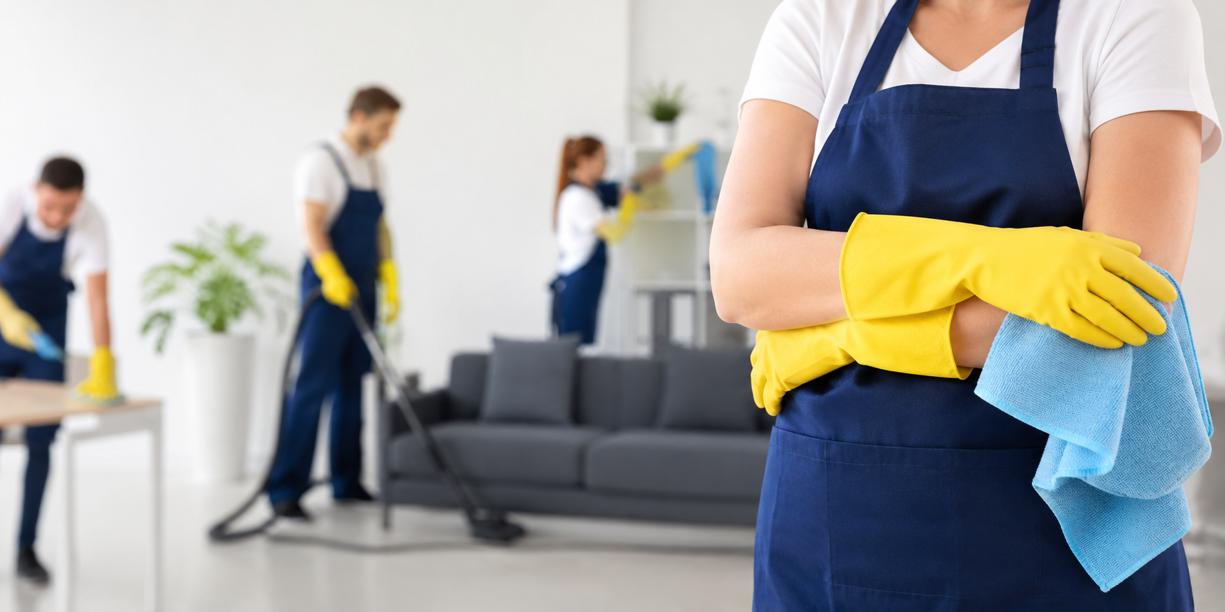 Cleaning team wearing aprons and orange gloves tidying a modern living space with sofa and large windows.