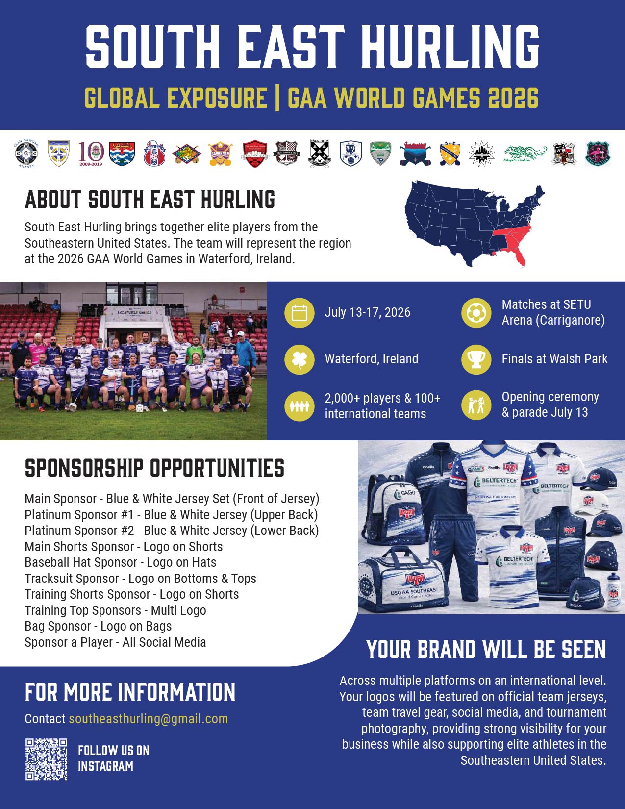 flyer for south east hurling team with info on how to sponsor the team at the world hurling games 2026