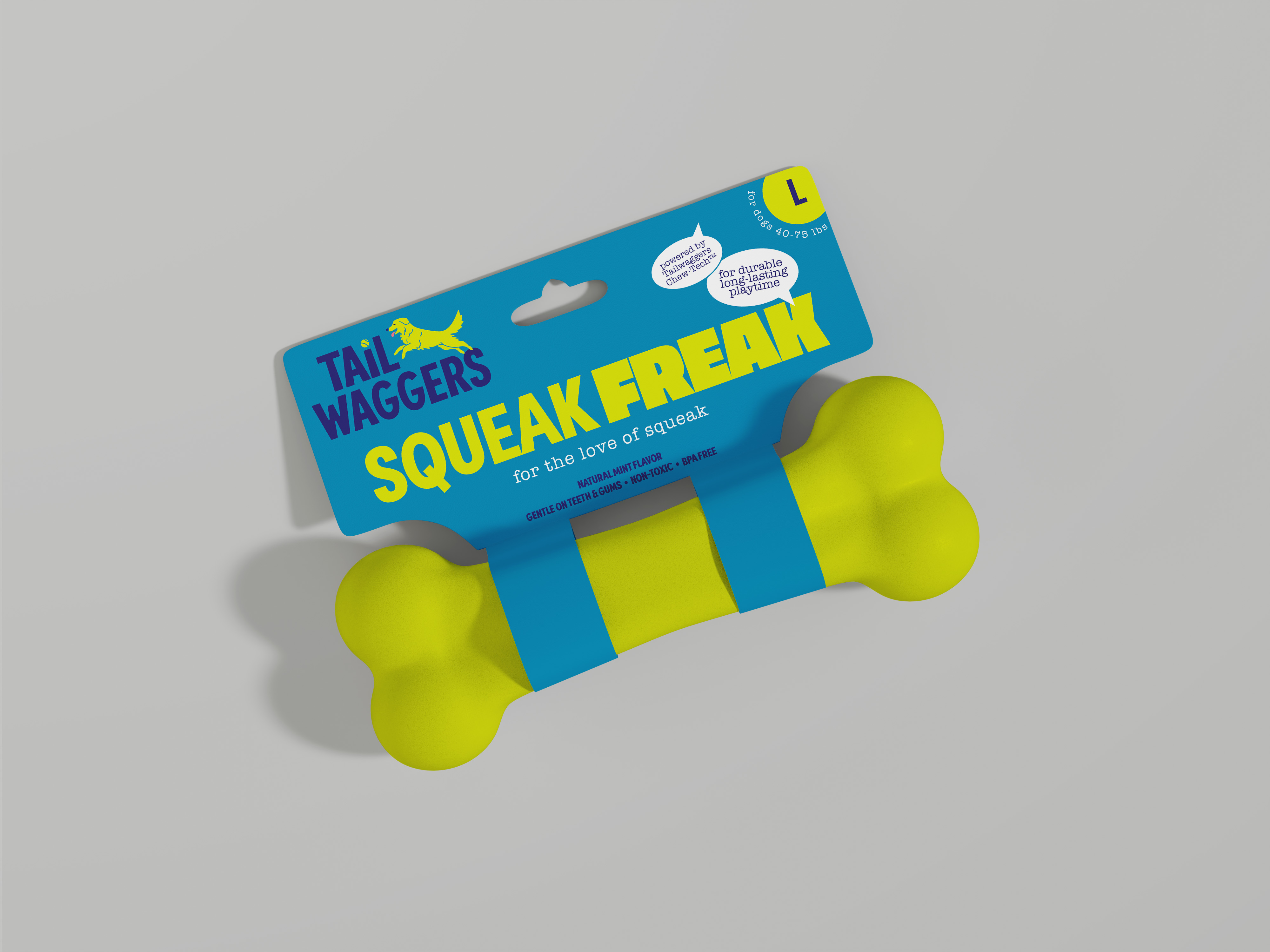 a neon green dog toy in the shape of a bone is shown in blue packaging. the name of the toy is "squeak freak" and the brand name is "Tailwaggers"