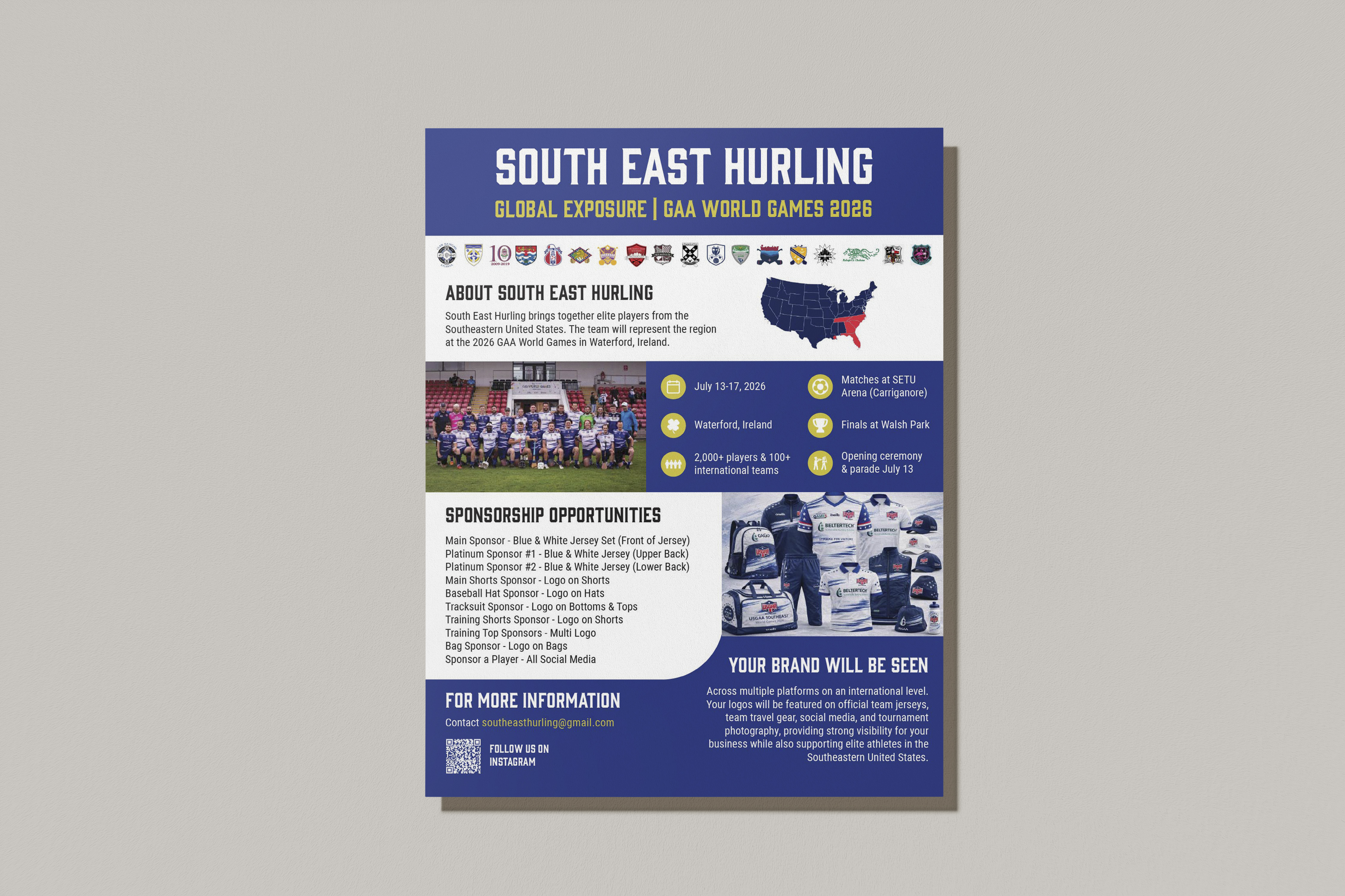 flyer for south east hurling team with info on how to sponsor the team at the world hurling games 2026