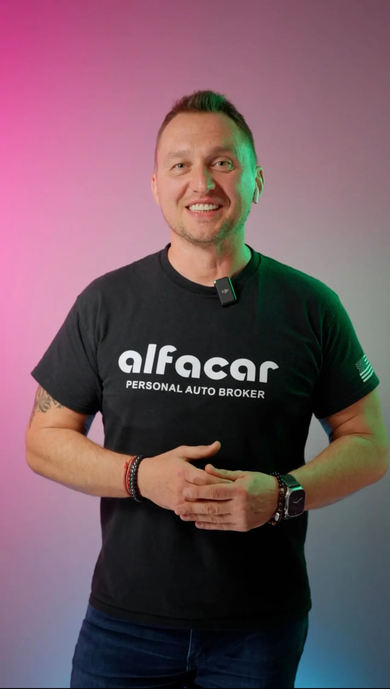 Alfacar auto broker speaking to camera in a studio promo video