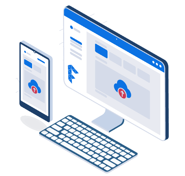 Isometric illustration of a phone, monitor and keyboard uploading a design file