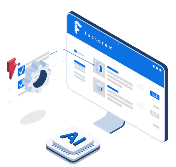 Isometric illustration of a quoting dashboard beside an AI chip