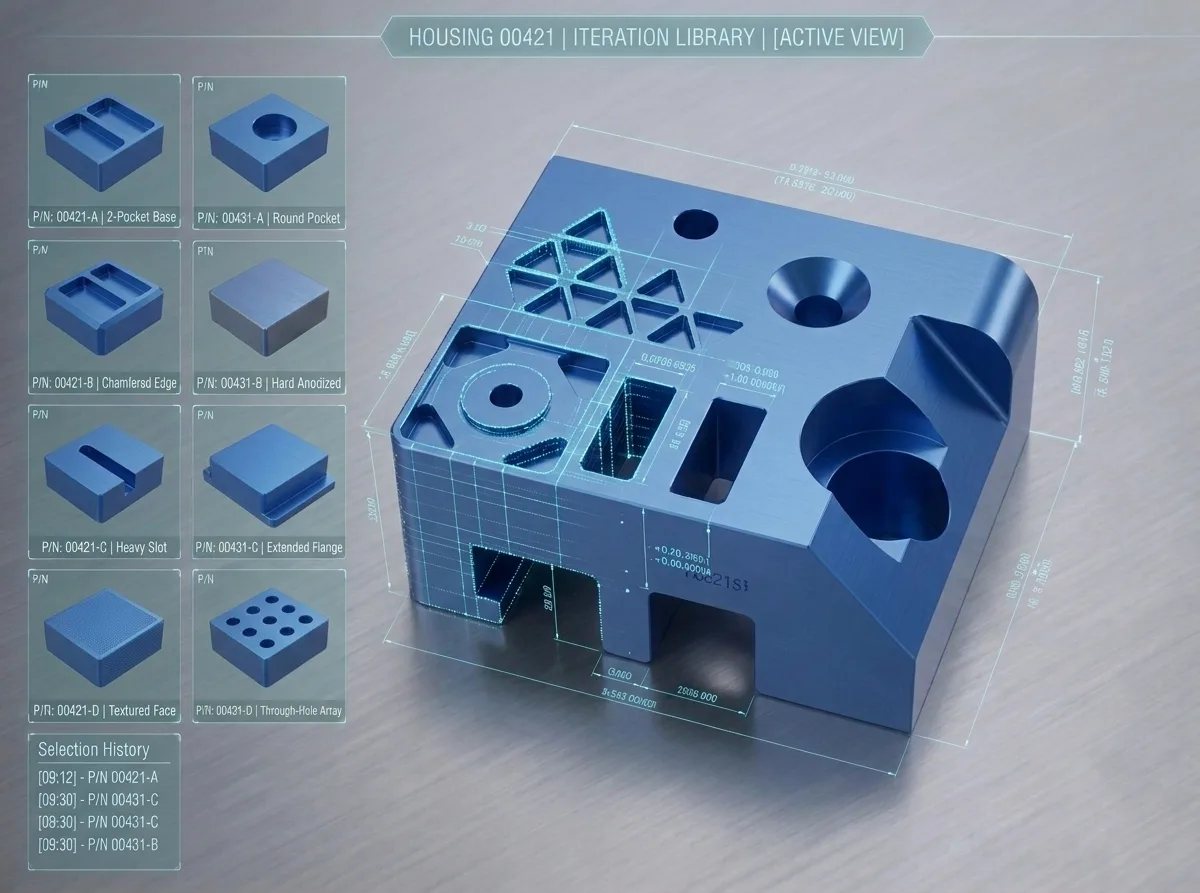 Design iteration library showing versions of a machined housing