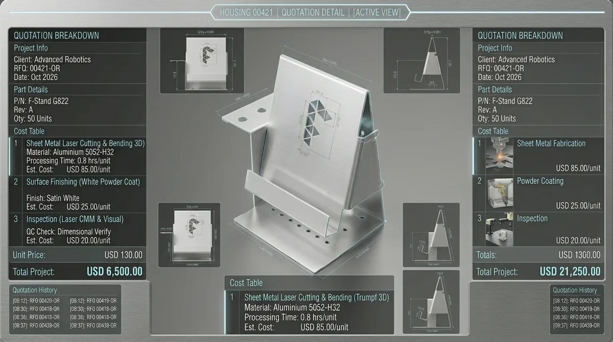 Sheet metal stand with its quotation breakdown and cost table