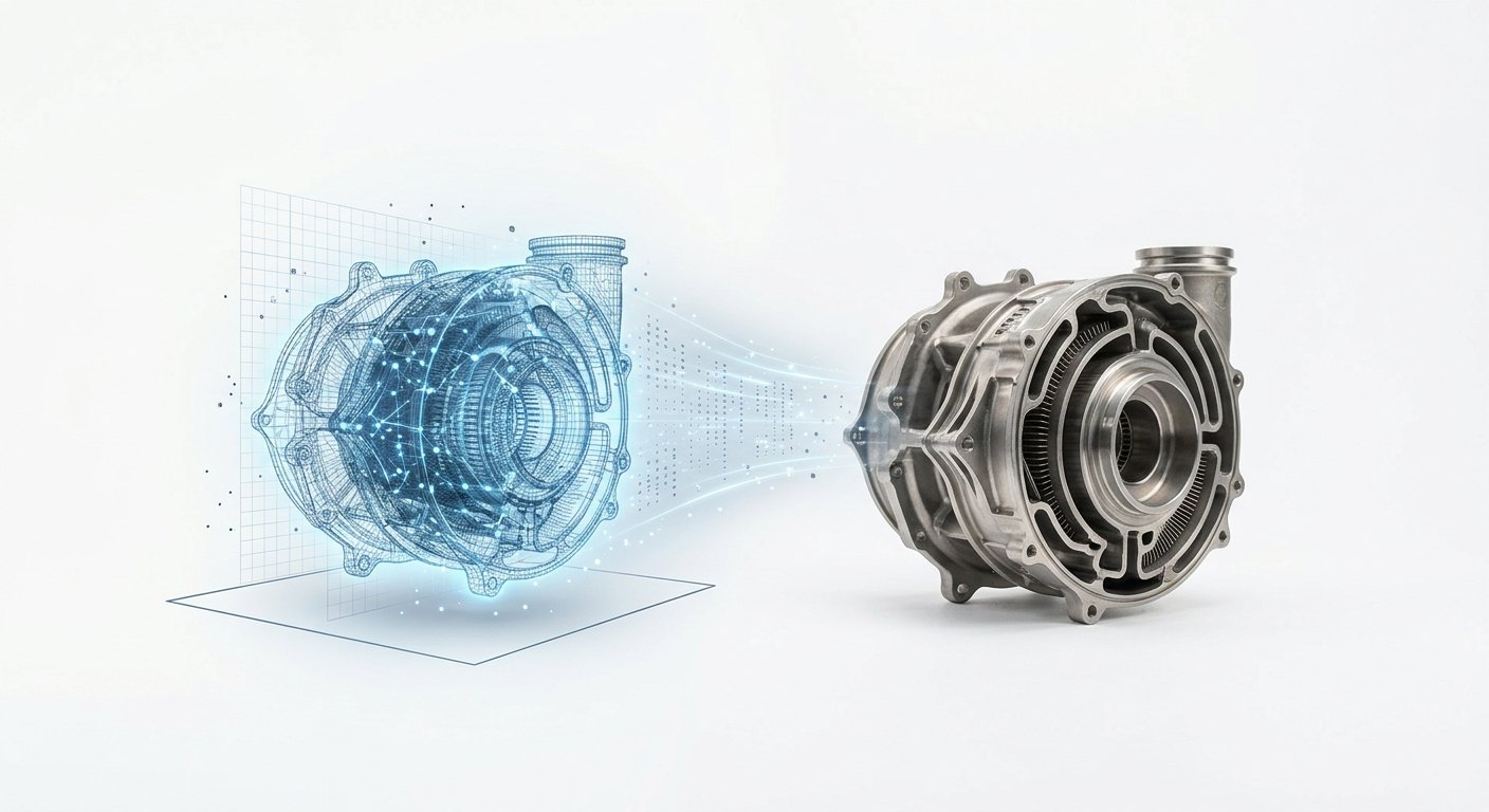 Digital model of a pump housing becoming the finished machined part