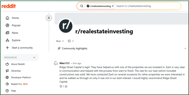 reddit review screenshot from the Ridge Street Capital client