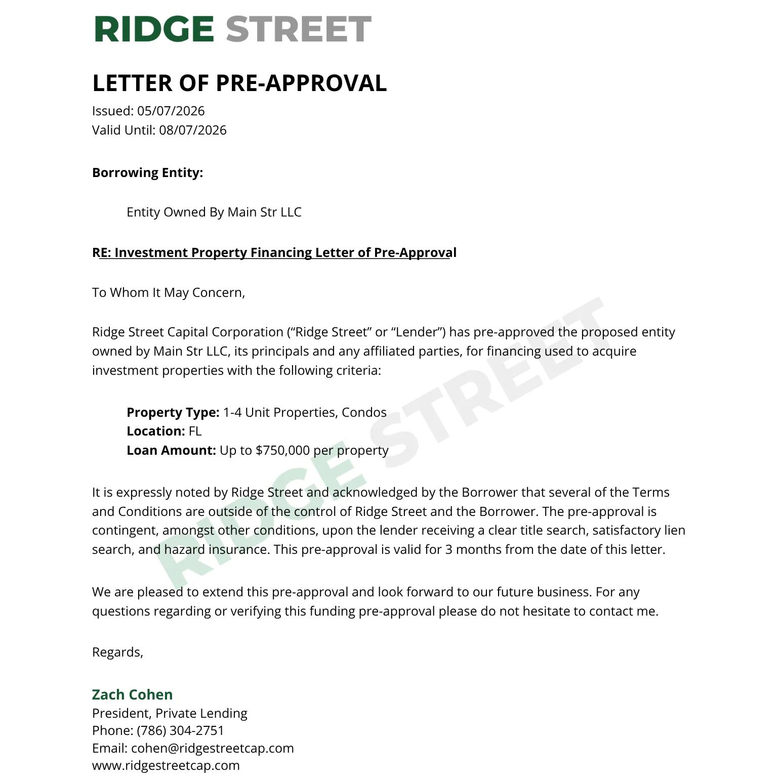 DSCR loan pre-approval letter sample from Ridge Street Capital