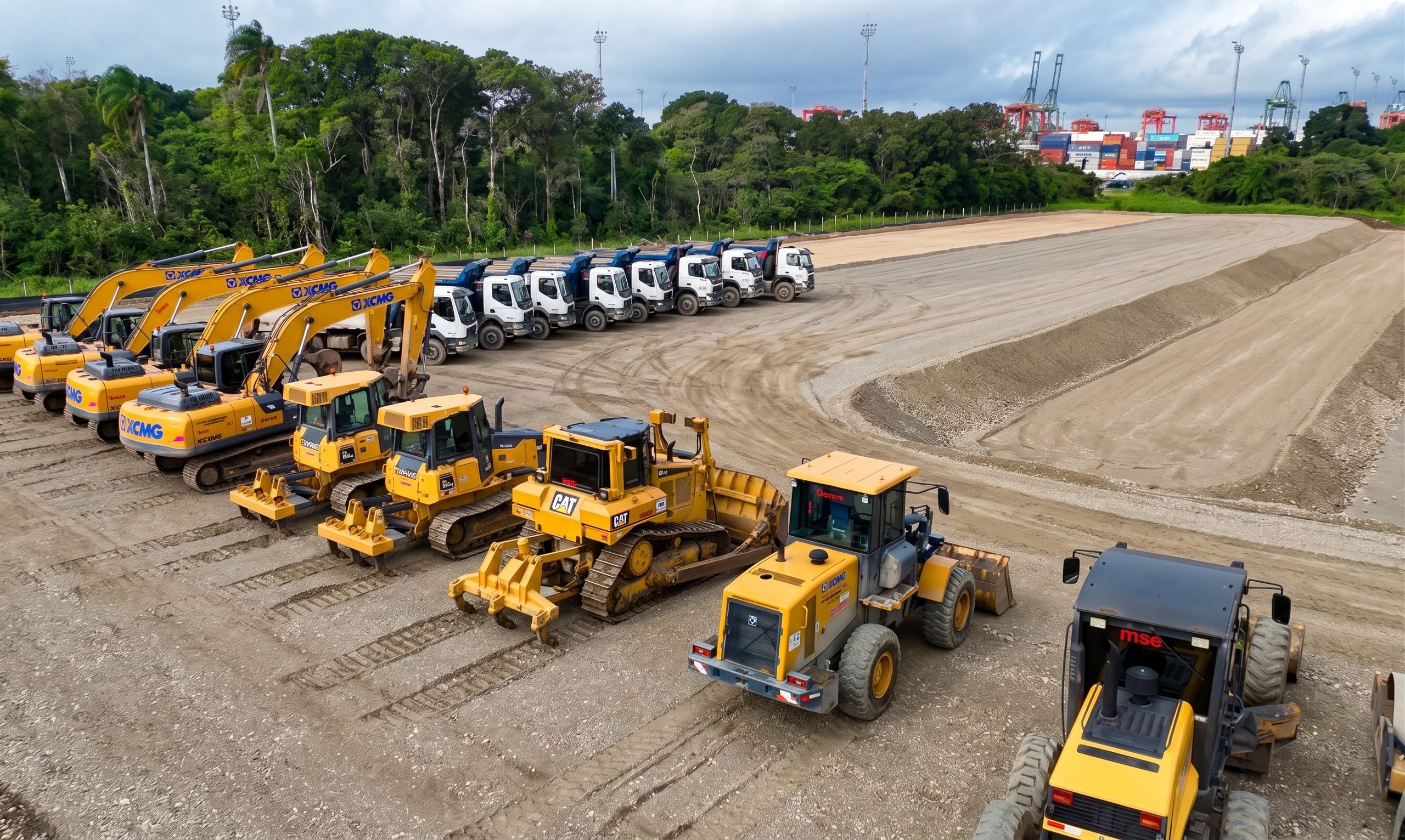 Frota de escavadeiras, tratores e caminhões mobilizada em obra portuária - MSE Engenharia