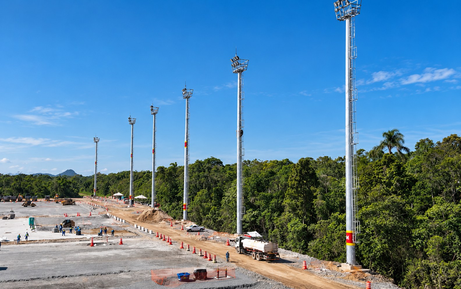 Torres de iluminação de 35 m instaladas ao longo do pátio em construção - MSE Engenharia