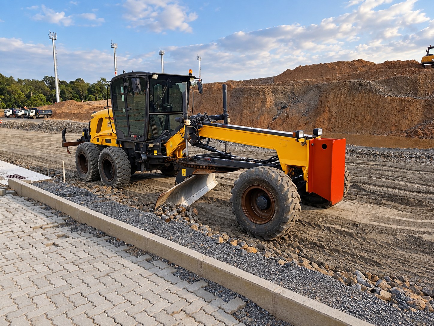 Motoniveladora acertando a base junto ao piso intertravado - MSE Engenharia