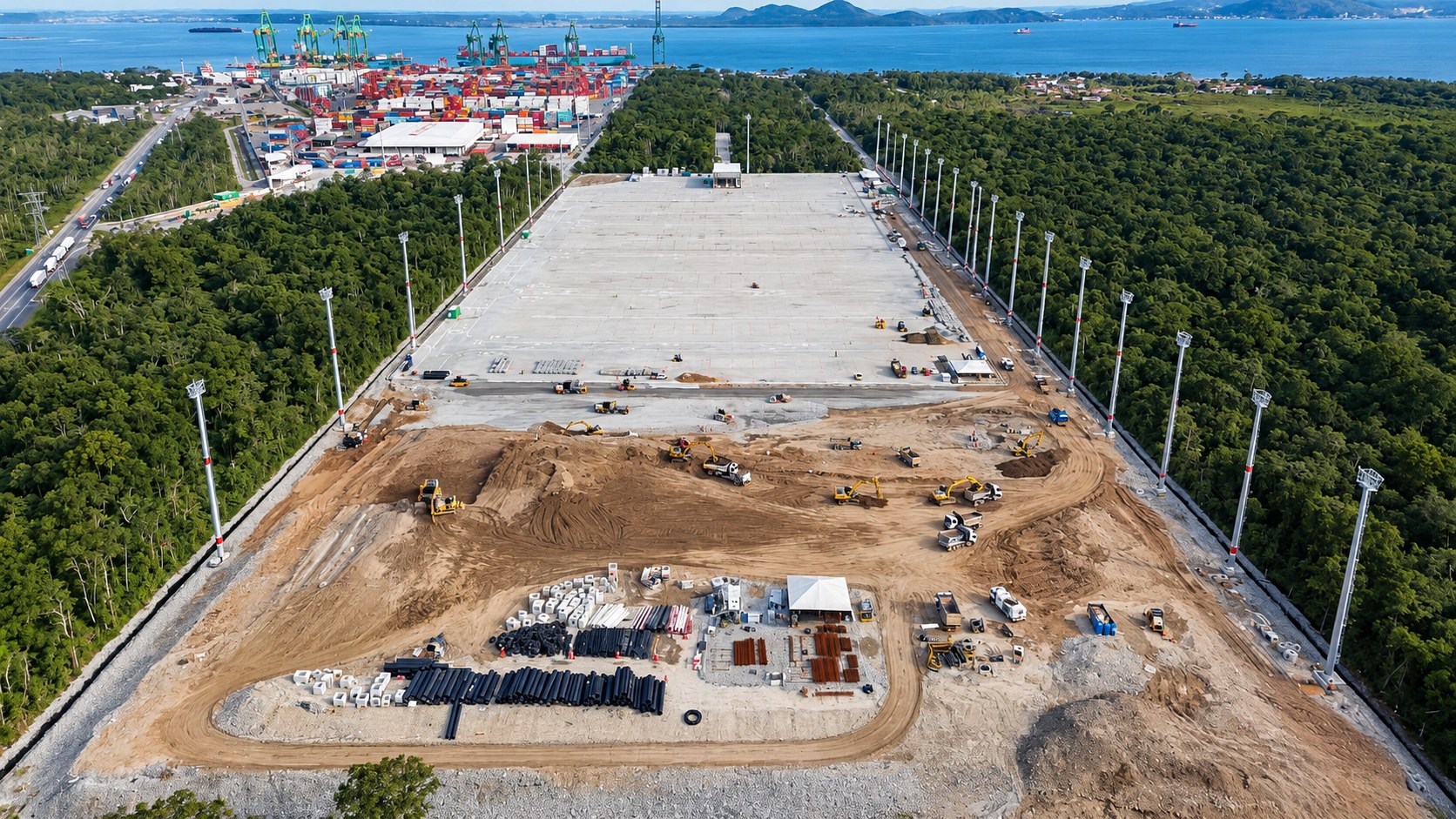 Vista aérea do pátio com base concluída, torres instaladas e canteiro de materiais - MSE Engenharia