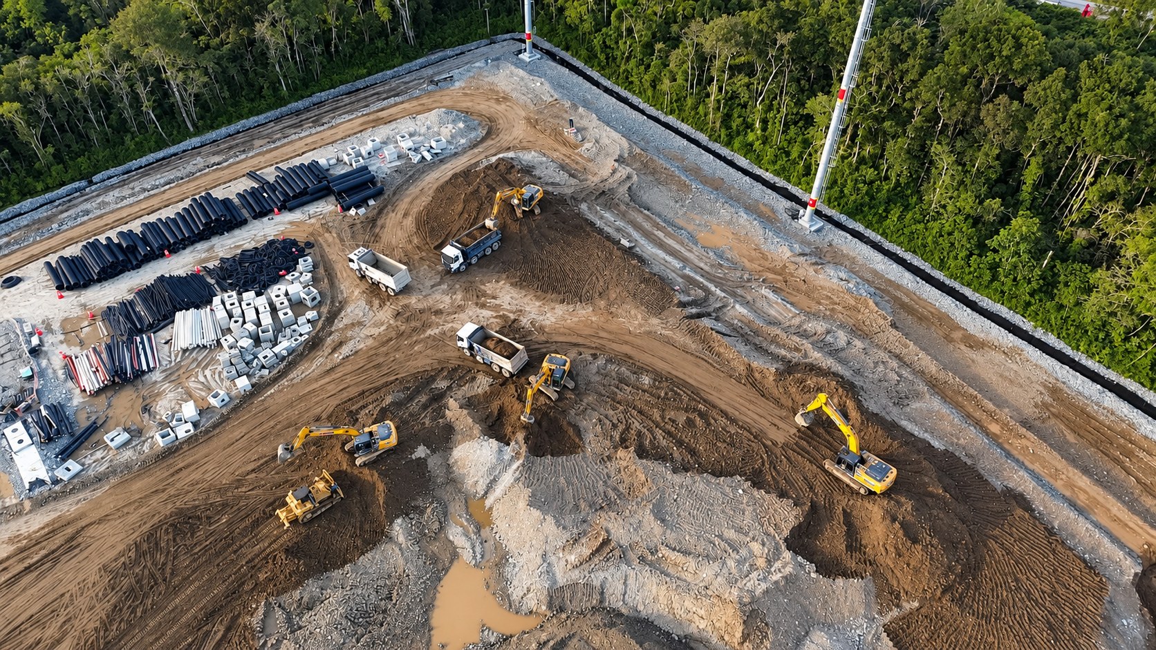 Vista aérea do canteiro com tubulações de drenagem estocadas e frentes de corte - MSE Engenharia