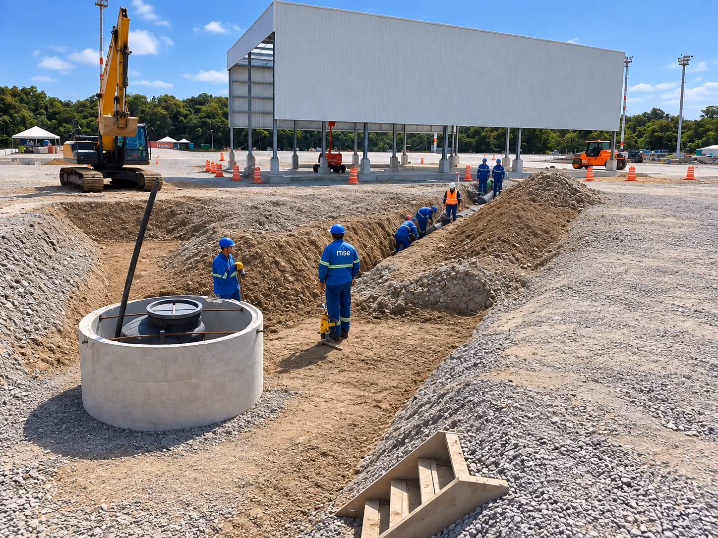 Caixa de inspeção e rede de drenagem junto ao galpão - MSE Engenharia