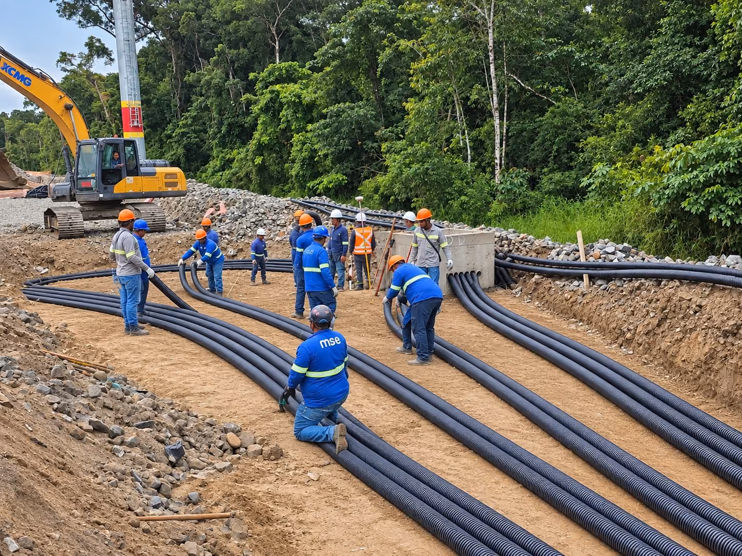 Equipe lançando dutos corrugados até a caixa de passagem - MSE Engenharia