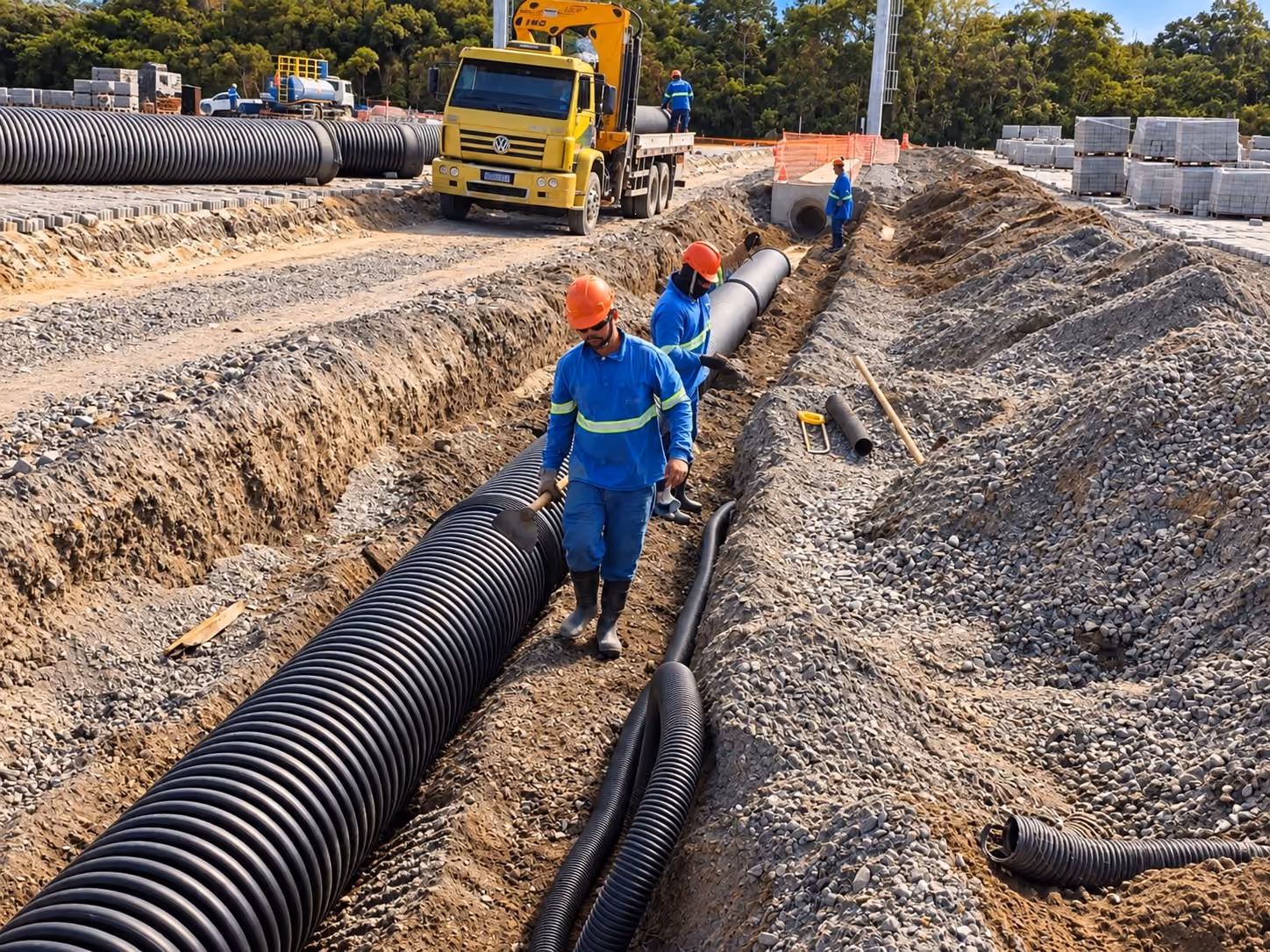 Equipe assentando tubo corrugado de drenagem em vala - MSE Engenharia